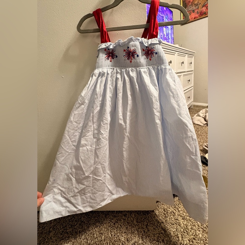 Girls White Seersucker Sundress with Red Straps and Embroidered Detail